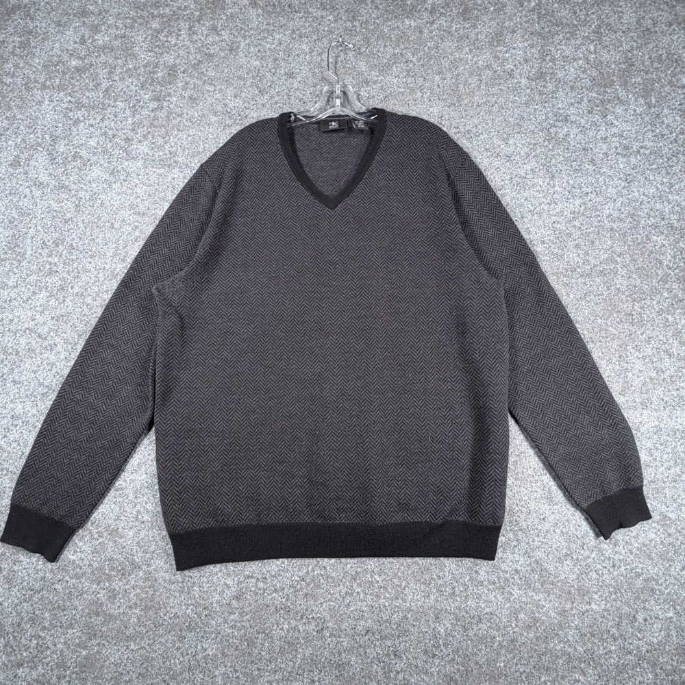 Calvin Klein Sweater Mens XL Gray Herringbone Wool Ribbed Hem V Neck Long Sleeve